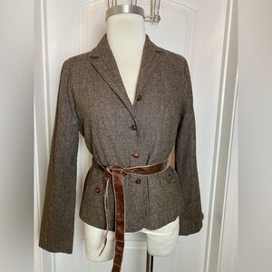 Andrew & Co Brown Tweed Blazer Removable Velvet Belt Buttons Women’s M Preppy